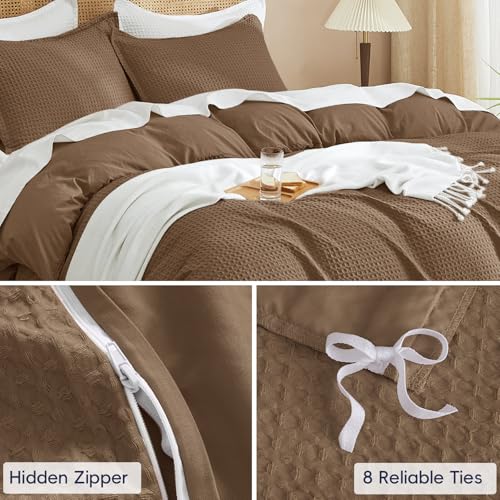 Image of PHF Waffle Duvet Cover Set King Size, No Snagging Ultra Soft Luxury Textured Breathable Comforter Cover for All Season 3pcs, Durable Bedding Duvet Set with 2 Pillow Shams, 104 inchx90 inch, Mocha