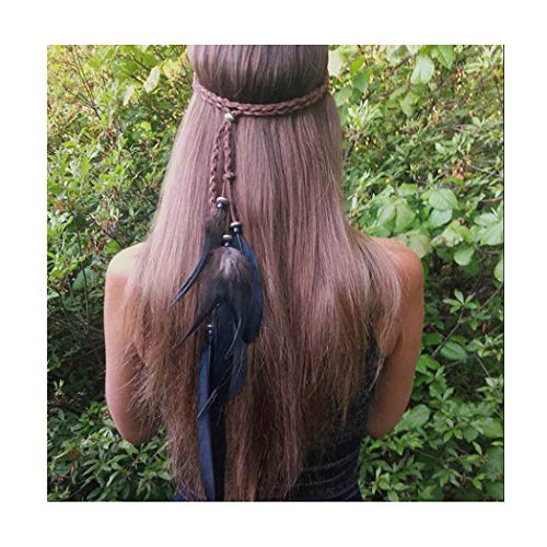 Campsis Hippie Black Feather Headband Bohemia Peacock Hemp Rope Headpiece Adjustable for Women and Girls