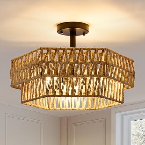 XSDeTu Farmhouse Semi Flush Mount Ceiling Light, 3-Light Boho Light Fixtures Ceiling，Rustic Woven Hemp Rope Ceiling Lamp, Double Hexagonal Flush Mount Light Fixture for Hallway, Kitchen, Bedroom Cover