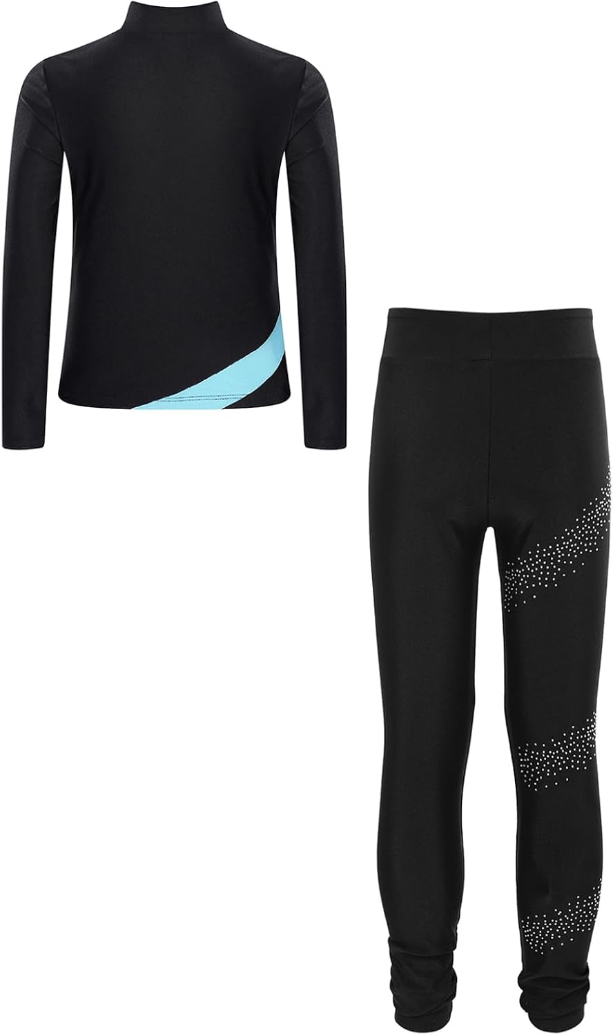 Kids Girls Figure Ice Skating Training Suit Gym Sport Tracksuit Long Sleeve Crop Tops with Leggings Set
