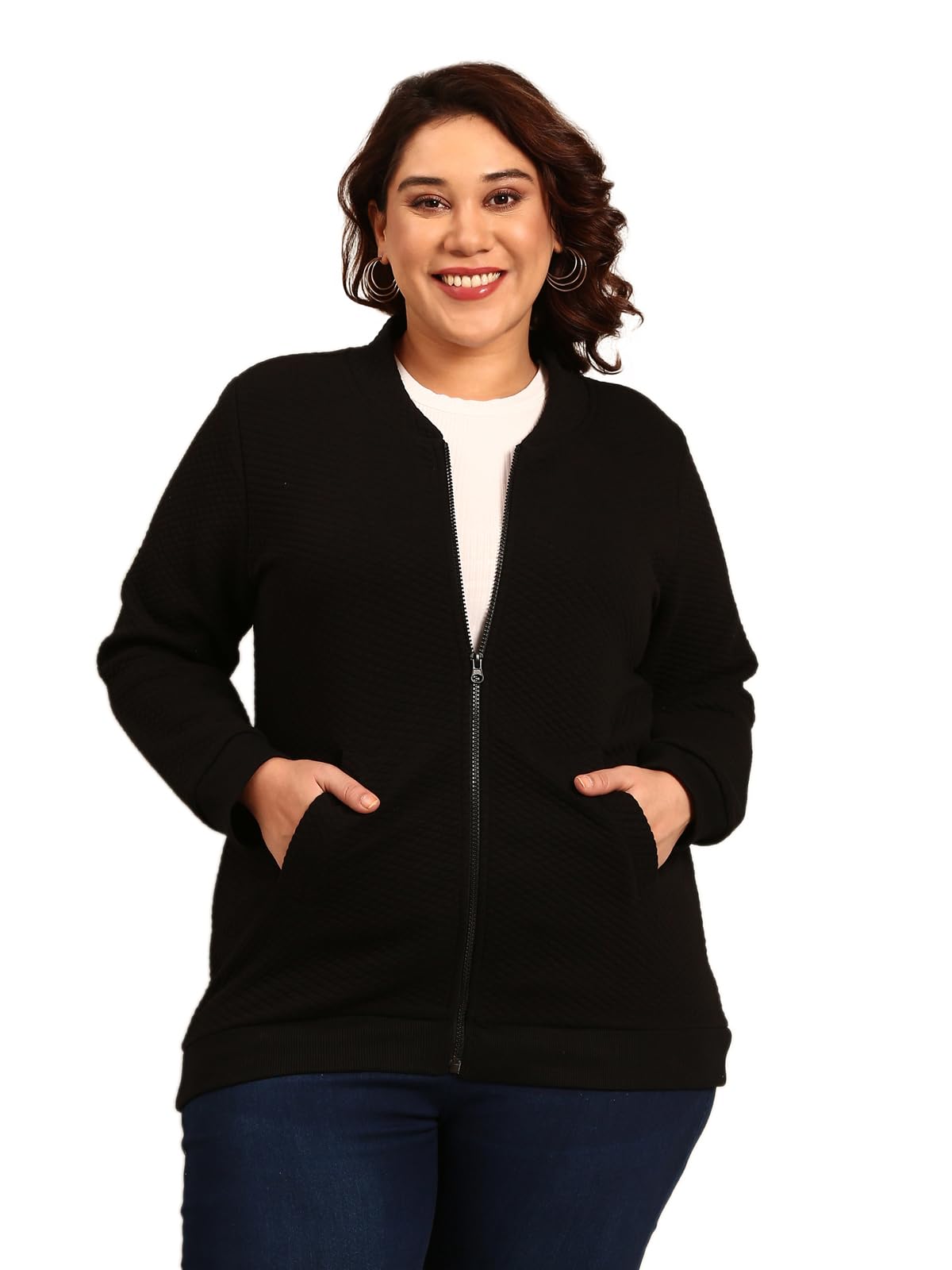 the pink moon Women's Cotton Regular Fit Plus Size Quilted Cotton Jacket With Zip And Stand Collar - (JCKT_QLT_BLK)-picture-59