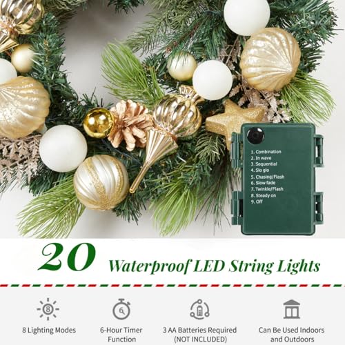 GarveeHome Christmas Wreath for Front Door, 24 Inch Large Outdoor Christmas Wreath, Battery Operated Artificial Xmas Wreath with Gold White Ball Ornaments Pine Cones and 20 LED Lights for Indoor Wall