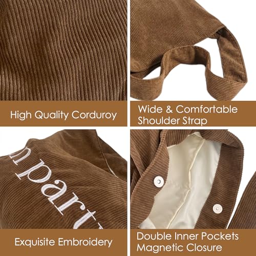 Image of Women Corduroy Tote Bag Hobo Casual Tote's Handbag Big Capacity Shoulder Bag with Pockets for Work