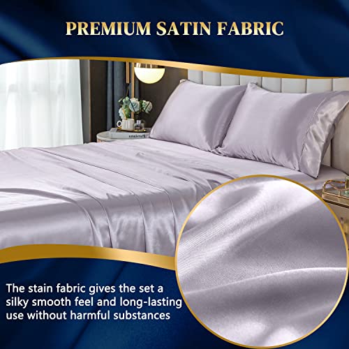 Hengwei Silk Sheet Queen 4 Pcs Satin Bed Sheets, Cooling Sheets Set With Silky Microfiber, Wrinkle, Fade, Stain Resistant - Deep Pocket Satin Sheets, Queen, Grayish Purple #TOP4
