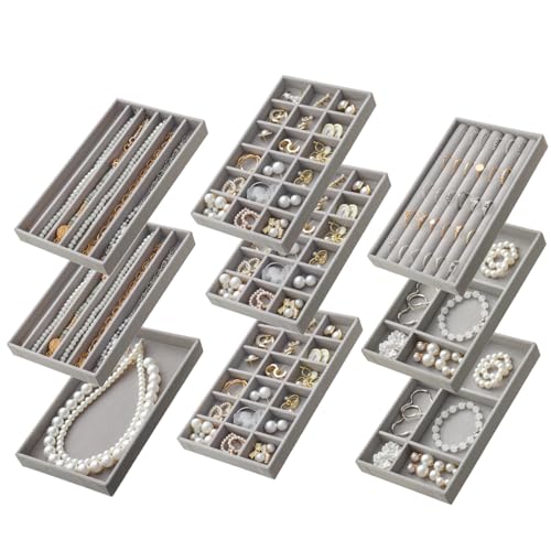 SPAKOWN Jewelry Drawer Organizer Inserts Trays for Drawers Set of 9, Grey | Velvet Jewelry Organizer Tray Drawer Jewelry Organizers and Storage for Earring Ring Necklace Watch Bracelet