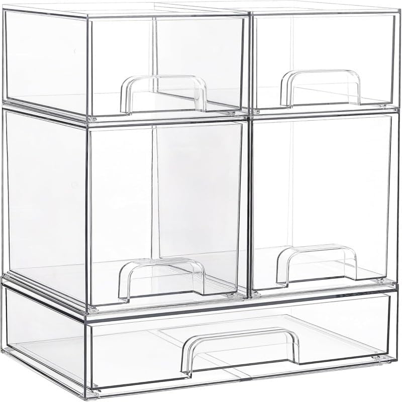 Stackable Storage Drawers Set of 5, Clear Plastic Pull-Out Organizer Bins for Coffee Pods, Cosmetics & Makeup - Anti-Slip, Countertop Vanity Bathroom Cabinet Pantry (2 Small + 2 High + 1 Wide)