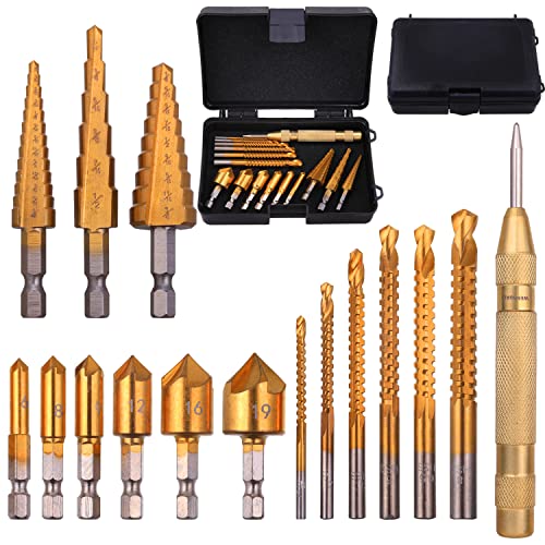 16 Pack Drill Bit Set with Case, Including Titanium Coated 3Pcs Step Drill Bit, 6Pcs Countersink Drill Bit Set, 6Pcs High Speed Steel Twist Drill Bits for Metalworking, Woodworking, Hole Drilling.