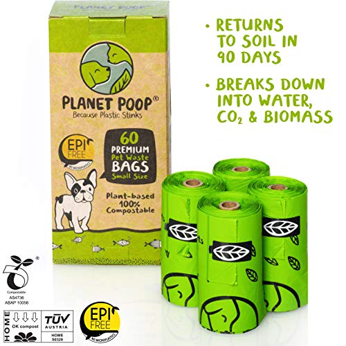 Planet Poop Home Compostable Dog Poop Bags For Small Pets, 60 Mini Size Dog Waste Bags With Handles, Un-Scented Leakproof Doggy Or Cat Bag, Plant Based Pet Supplies #TOP2