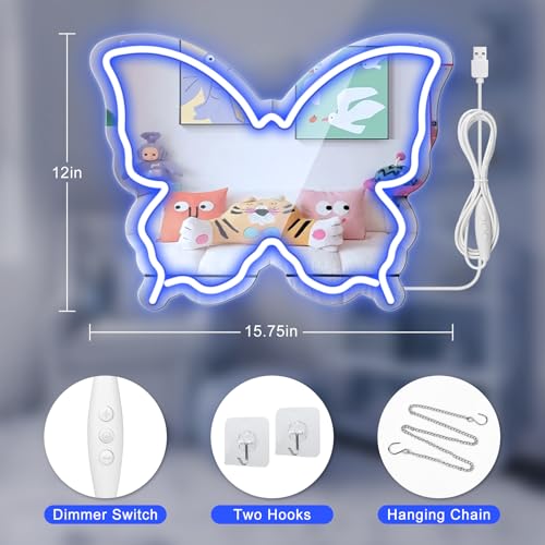 Image of Butterfly Neon Sign Mirror, Neon Sign for Wall Decor, LED Butterfly Light with Dimmable Brightness, 15.7 inch x 12 inch Mirror Neon Sign for Girls Room, Teen Bedroom Decor, Birthday Party Gift, USB Powered Blue