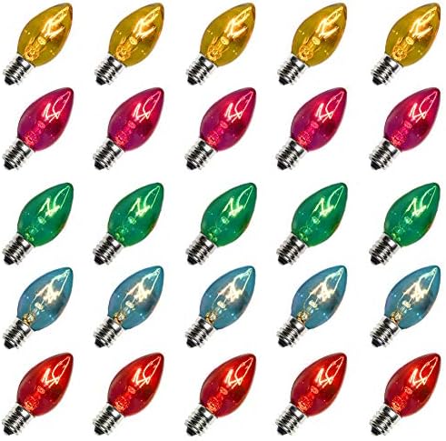 25 Pack C7 Multi-Color Christmas Replacement Bulbs C7 Clear Outdoor String Light Replacement Bulbs, C7/E12 Candelabra Base, 5 Watt