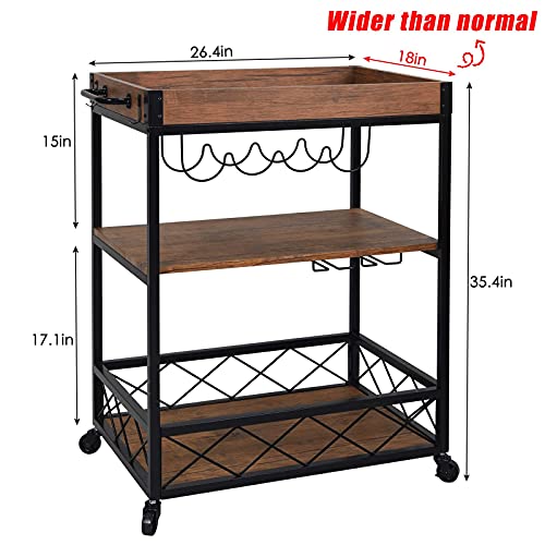 Usinso Industrial Kitchen Serving Carts Rolling Bar Cart With 3 Tier Storage Shelves Bar Carts For The Home With Wine Glass Holder,Lockable Caster Liquor Cart Removable Top Box Container #TOP3