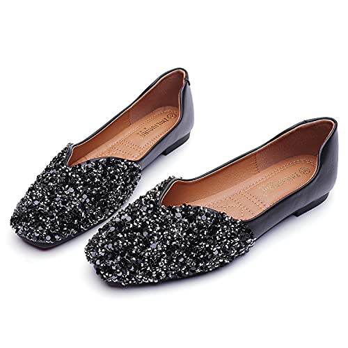 Qxcgdyxt Flats Shoes Women Rhinestone Square Fashion Ballet Flats Wedding Flats For Women Comfortable Slip On Low Heel Dress Shoes Black Size - 8.5 #TOP1