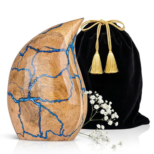 Image of Wooden Teardrop Cremation Urns for Human Ashes - 80 Cubic Inches Funeral Memorial Urn for Adult Women & Men - Blue Decorative, Burial Urn for Male or Female Memorial Display