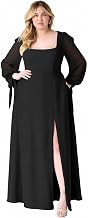 Janak 'n' Masaaya Plus Size Black Maxi Dress, Square Neck with Sheer Puff Sleeves, Front Slit, Polyester Blend, 52 Inch Length, DN-0025