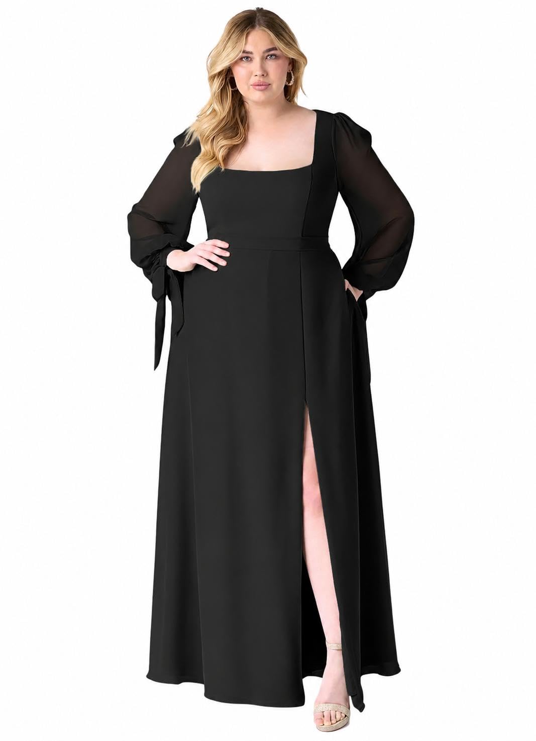 Plus Size Black Maxi Dress, Square Neck with Sheer Puff Sleeves, Front Slit, Polyester Blend, 52 Inch Length, DN-0025-image-31