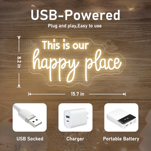 Image of This is Our Happy Place Neon Sign Happy Place Neon Signs for Wall Decor Dimmable Warm White LED Signs for Bedroom Classroom Man Cave Home Bar Birthday Party Decor Neon Classroom Sign