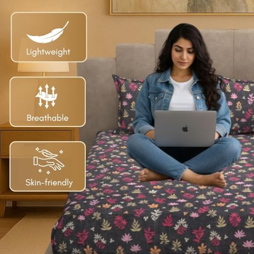 Image of Mafatlal Luxe Lilac 140 GSM Soft Microfiber Double Bedsheet with 2 Pillow Cover for Queen Size Bed, 90x100 Inch - Black & Pink, Lightweight, Cozy & Durable