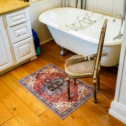 2'X3' Vintage Boho Machine Washable Indoor Area Rug, Non-Slip Carpet Mat For Kitchen, Bathroom, Bedroom, Entryway, Front Entrance & Spring Home Decor - Durable, Easy To Clean Rugs, Blue/Red/Beige #TOP2