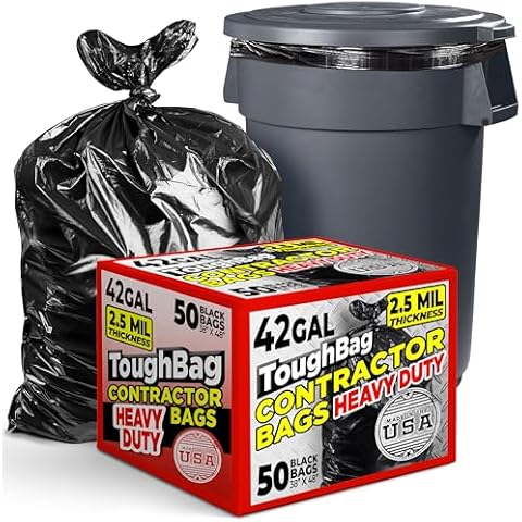 ToughBag 42 Gallon Trash Bags, 2.5 Mil Contractor Garbage Bags (50 COUNT) Heavy Duty Large Trash Can Liners, Black Garbage Bags, 38 x 48" - Construction Bags, Lawn, Industrial, Leaf - Made in USA Cover