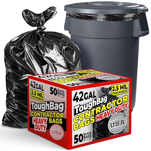 ToughBag 42 Gallon Trash Bags, 2.5 Mil Contractor Garbage Bags (50 COUNT) Heavy Duty Large Trash Can Liners, Black Garbage Bags, 38 x 48" - Construction Bags, Lawn, Industrial, Leaf - Made in USA