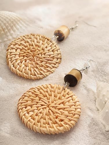 Image of MINACHI Boho Chic Handmade Rattan Wood Dangle Drop Earrings for Women, Bohemian Summer Beach Statement Jewelry Gift for Women
