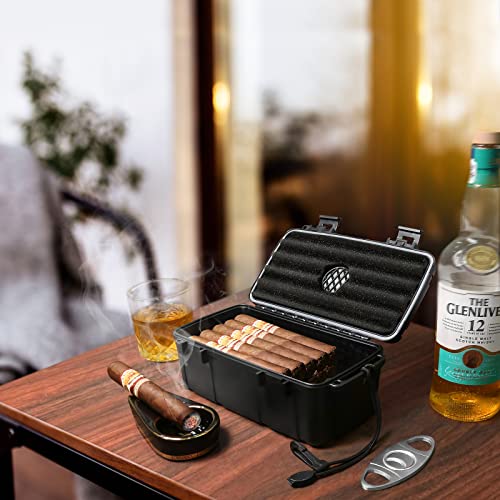 Flauno Travel Cigar Humidor - Portable Cigar Case with Cigar Cutter & Humidifier, Holds up to 15 Cigars, Waterproof, Crushproof, Airtight Seal, Durable
