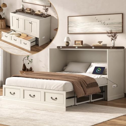 St.Mandyu Queen Murphy Bed with Storage Drawers, Farmhouse Folding Bed...