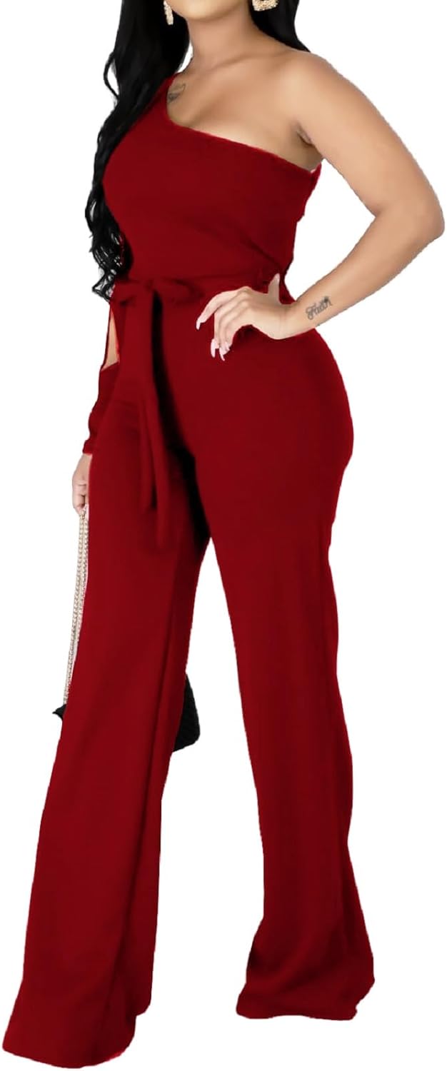 CuteCherry Women Elegant Jumpsuits For Elegant One Sleeve Sexy Straight Long Pants Rompers With Pockets - Image 2