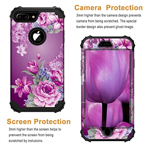 Lontect For Iphone 8 Plus Case, Iphone 7 Plus Case Floral 3 In 1 Heavy Duty Hybrid Sturdy High Impact Shockproof Protective Cover Case For Apple Iphone 8 Plus/Iphone 7 Plus, Black/Purple Flower #TOP3