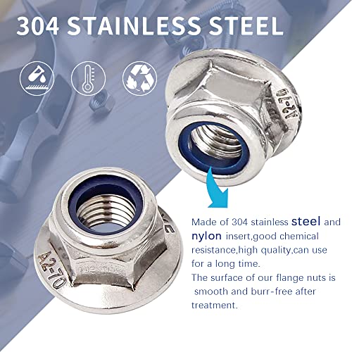 Fsatnde F-74 Flange Nylon Inserted Lock Nuts Assortment Kit,304 Stainless Steel Din985 Flange Locknuts M4-M10,Bright Finish thumb #5