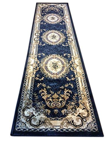 Traditional Long Persian Oriental Aubusson Runner 330,000 Point Deir Debwan Area Rug Dark Navy Blue Design 602 (31 Inch X 15 Feet 8 Inch) #TOP21