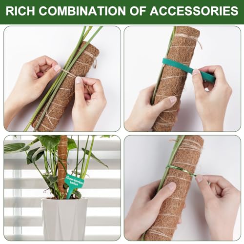 Vicloon Moosstab, 2 Stück 30CM Pflanzstab Kokos, mit 5 Pflanzenetikett, 1 Rolle Klettverschluss, 94 Seile, Kokosstab für Pflanzen aus natürlicher Kokosfaser, Kokos Rankhilfe, Rankhilfe Monstera Kokos