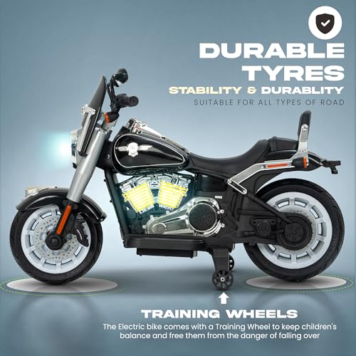 Image of Baybee Thunderbolt Baby Battery Operated Bike for Kids with Foot Accelerator, Bluetooth & Music | Ride on Toy Kid's Bike with LED Light | Baby Electric Bike for Kids to Drive 3 to 13 Years (Black)