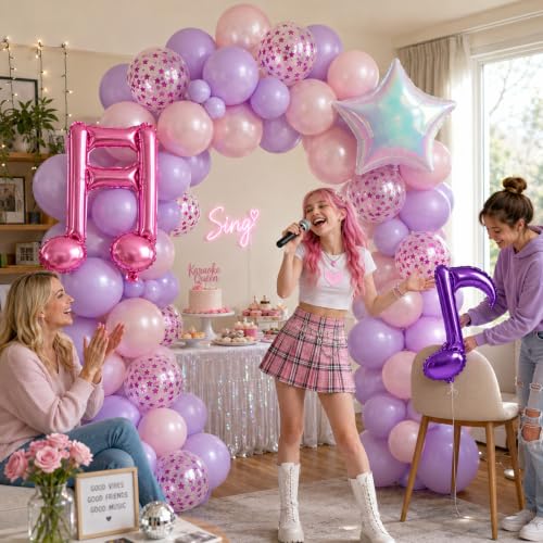 Image of Pink Purple Music Note Iridescent Star Balloons for Birthday Party Decor | Kpop Pearl Pastel Purple Pink Confetti Balloon for Girls Birthday Kpop Music Themed Korean Pop Karaoke Disco Party Decoration