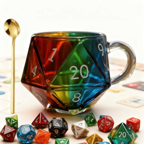 Kedymai Rainbow D20 Dice Mug,20-Sided Polyhedral Dice Gaming Mug,Transparent Glass High Temperature Resistance Coffee Cup,Gifts for RPG & Board Game Lovers (Rainbow 1pc)