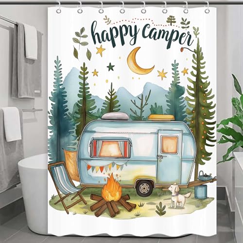ICTEISOM Happy Camper Small Stall RV Shower Curtain Rustic Tree Mountain Adventure Tent Camping Bathroom Curtains Travel Trailer Bathroom Accessories Set with Hooks 48 x 72 Inches