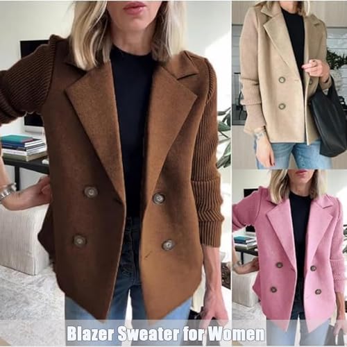 Women's Lapel Button Knitted Patchwork Sleeve Casual Coat, 2025 Fashion Cropped Double Breasted Blazer Sweater for Women2