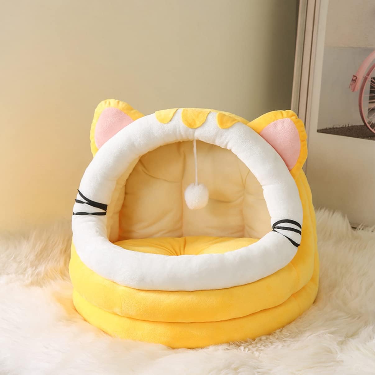 Jui3n 30 30cm 洗える 中型犬 クッション付き 2way 犬ベッド 猫 ドーム ドーム型ペットハウス 小型犬 犬 ペットハウス ふかふかベッド 猫ハウス ペットベッド おしゃれ 犬ハウス 犬小屋 イエロー 室内用 夏用 かわいい 夏用ドーム型