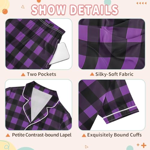 Purple Black Checked Pajamas Set Soft Pjs Sets 2 Piece Short Sleeve Sleepwear Casual Loungewear3