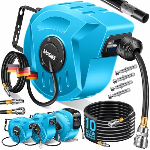 MASKO® Automatik Druckluftschlauch Aufroller 10m – Schlauchtrommel mit 1/4" Anschluss, Schlauchaufroller, Wandhalterung, Tragegriff, 180° schwenkbar, Schlauchbremse, vormontiert & sofort einsatzbereit