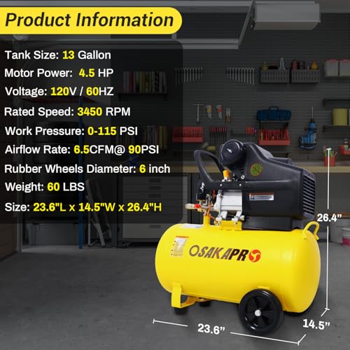 13 Gallon Portable Air Compressor with Wheels, 4.5HP 6.5CFM 115PSI, Oil-Lubricated Horizontal Tank for Garage, Workshop, Auto Repair, Tire Inflation, Spray Painting, Woodwork Nailing - Thumbnail 2