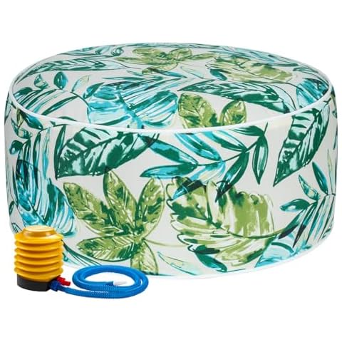 FUNHOME Inflatable Ottoman with Pump,Outdoor Pouf Ottomans for Patio Waterproof D20xH9 Inch,Round Foot Rest,Portable Blow Up Footstools for Home Garden Camping Travel(Palm Leaf) Cover