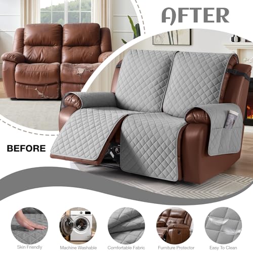 KinCam Loveseat Recliner Covers for 2 Seat, 100% Waterproof Reclining Loveseat Covers, Non-Slip Recliner Cover Furniture Protector with Elastic Straps for Pets, Kids, Light Gray by KinCam - Used condition - Image 5