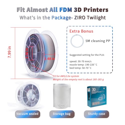 Image of ZIRO Color Change Filament, Matte Gradient Rainbow 3D Printer Filament, Faster Color Changing by Length PLA, Dimensional Accuracy + /-0.03mm, 1KG / 2.2lbs Spool, Fit Most FDM 3D Printer, Twilight