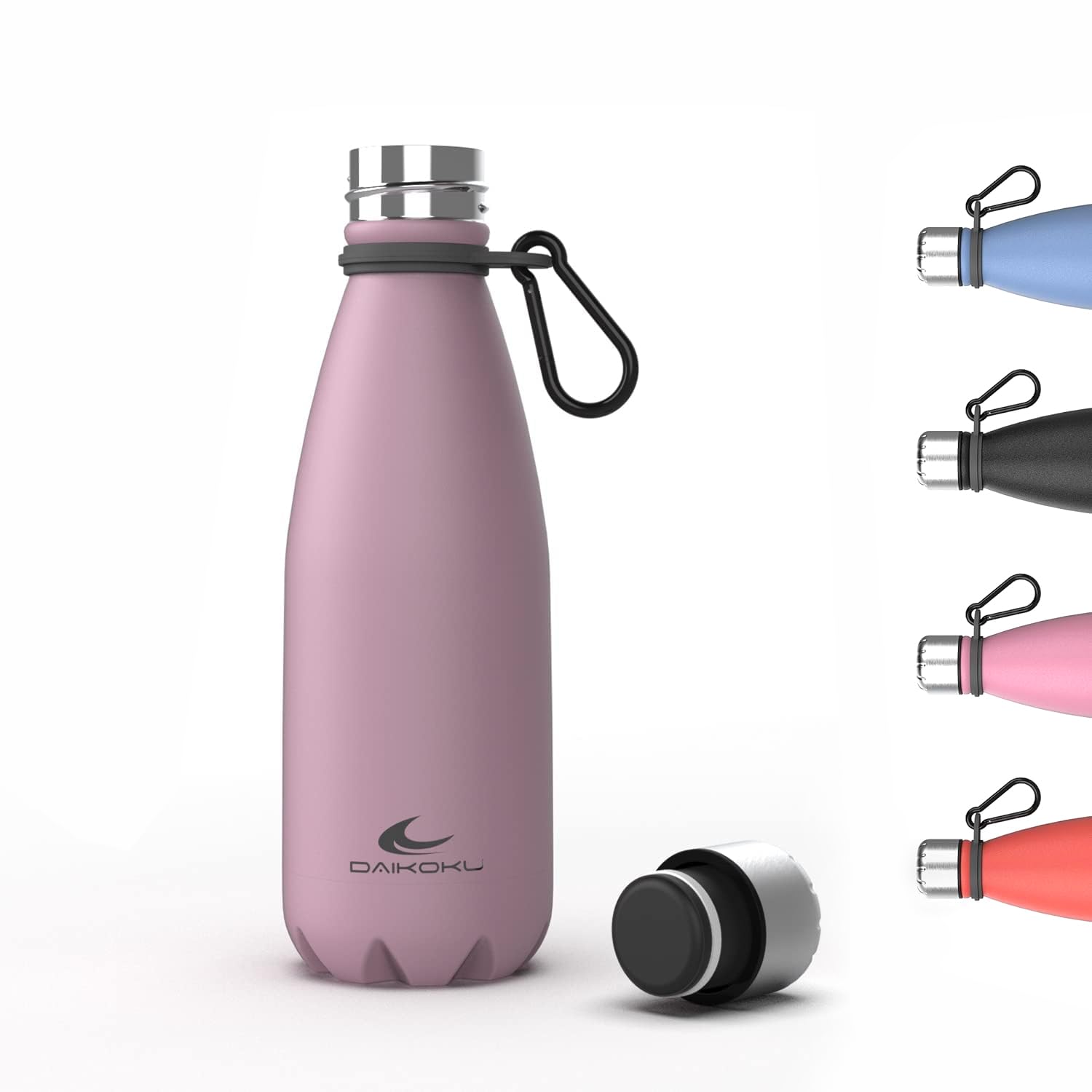 Daikoku Stainless Steel Bottle + Adjustable Strap + Carabiner, BPA Free Double Walled Thermos, Reusable Water Bottle, Airtight Cap, Colour Pink, Capacity 350 ML