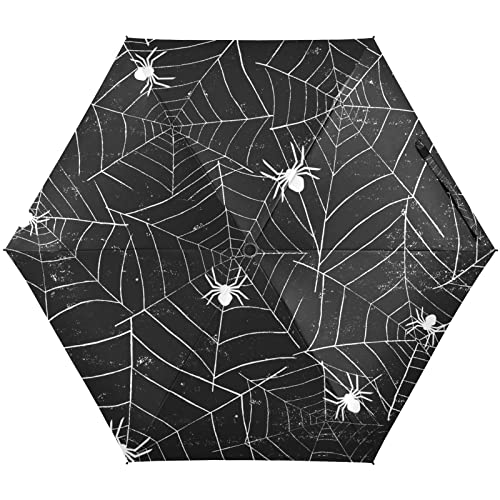 Oyihfvs Retro Halloween Black White Spider Webs with White Spiders on Black Parasol Folding Umbrella, Reinforced Windproof Waterproof, Portable Compact Anti-UV Sun Rain Protection for Travel Outdoor
