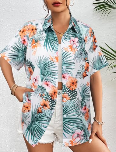 Image of ASTANFY Hawaiian Shirt Women Hawaii T-Shirt Tropical Floral Printed V Neck Shirts Soft Cool Summer Beach Button Up Blouse