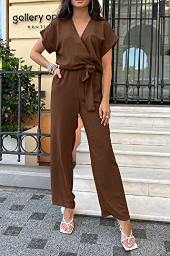 PRETTYGARDEN Women's Summer One Piece Jumpsuits Belted Short Sleeve Wrap V Neck Fashion Dressy Casual Wide Leg Pants Romper