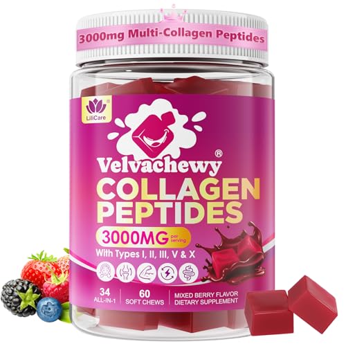Collagen Gummies + Biotin Soft Chews 3000mg for Women & Men Ultra Hydrolyzed Collagen Peptides Boosting Type I II III V X Vitamin C E Anti-Aging Formula for Hair Skin & Nails Digestion Bone 60Ct