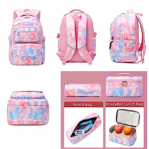 Kids Backpack With Lunch Box, Backpack For Girls, Lightweight Elementary Bookbags Middle-School Backpacks Set, Cute Star-Print Schoolbag #TOP5